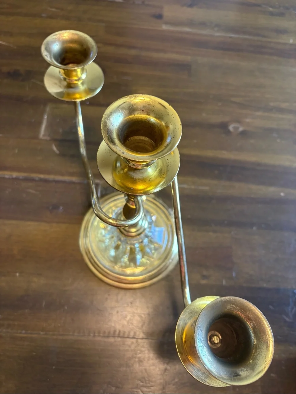 Vintage Teleflora 3 Arm Knotted Brass Gold Pressed Glass Candelabra Centerpiece